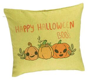 Perna Decorativa cu motiv Dovleac si Text de Halloween, Multicolor, 40x40 cm, Verde, Husa Detasabila, Burduf