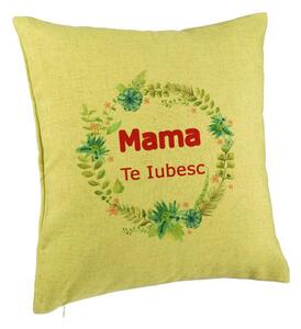 Perna Decorativa, Model Mama Te Iubesc, 40x40 cm, Verde, Husa Detasabila, Burduf