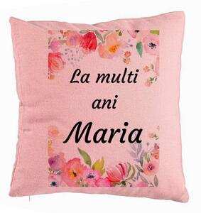 Perna Decorativa, Model La multi ani Maria 2, 40x40 cm, Roz, Husa Detasabila, Burduf