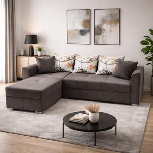 Coltar Lori, 4 locuri, cu 2 lazi de depozitare, catifea, 260x95x80 cm, culoare maro Stânga, catifea, Maro + Crem