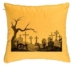 Perna Decorativa cu motiv Cimitir de Halloween, 40x40 cm, Galben, Husa Detasabila, Burduf