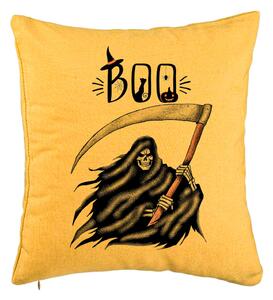 Perna Decorativa cu motiv The Grim Reaper, de Halloween, 40x40 cm, Galben, Husa Detasabila, Burduf