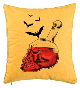 Perna Decorativa cu motiv Sticla Craniu de Halloween 1, 40x40 cm, Galben, Husa Detasabila, Burduf