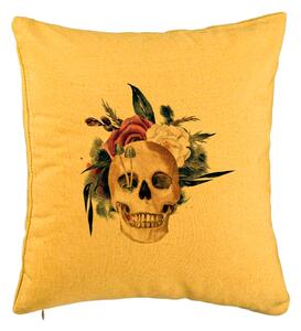 Perna Decorativa cu motiv Craniu si Flori de Halloween, 40x40 cm, Galben, Husa Detasabila, Burduf