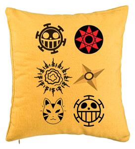 Perna Decorativa cu Naruto symbols, 40x40 cm, Galben, Husa Detasabila, Burduf