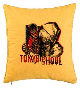Perna Decorativa cu Tokyo Ghoul, 40x40 cm, Galben, Husa Detasabila, Burduf