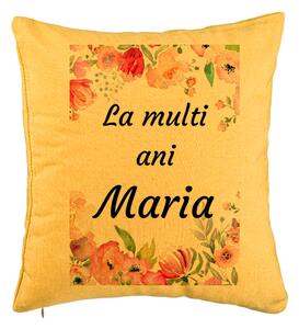 Perna Decorativa, Model La multi ani Maria 2, 40x40 cm, Galben, Husa Detasabila, Burduf
