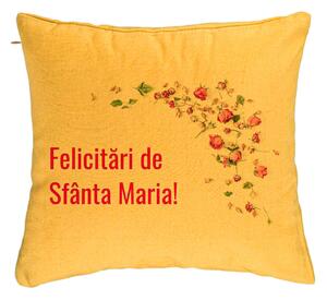 Perna Decorativa, Model Felicitari de Sfanta Maria, 40x40 cm, Galben, Husa Detasabila, Burduf