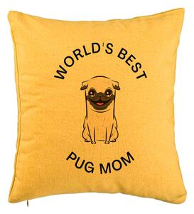 Perna Decorativa, Model World's Best Pug Mom, 40x40 cm, Galben, Husa Detasabila, Burduf