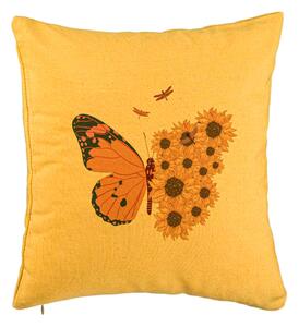 Perna Decorativa, Model SunFlower Butterfly, 40x40 cm, Galben, Husa Detasabila, Burduf