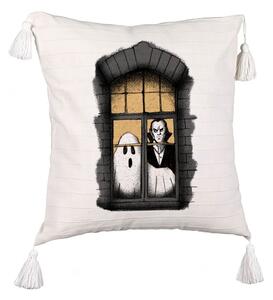 Perna Decorativa cu Franjuri de Halloween Fantoma si Vampir, 45x45 cm, Ecru, Cu fermoar