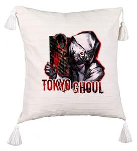 Perna Decorativa cu Franjuri cu Tokyo Ghoul, 45x45 cm, Ecru, Cu fermoar