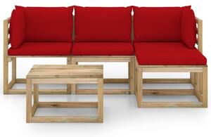 Set mobilier de grădină cu perne roșii, 5 piese