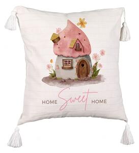 Perna Decorativa cu Franjuri, Model Home Sweet Home 1, 45x45 cm, Ecru, Cu fermoar