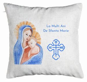 Perna Decorativa, Model La multi ani de Sfanta Maria, 40x40 cm, Alb Murdar, Husa Detasabila, Burduf