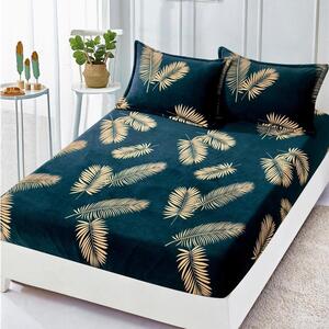 Husa de pat, 2 persoane, cocolino, 3 piese, cu elastic, 180x200cm, albastru inchis, cu frunze, HPC143