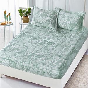 Husa de pat, 2 persoane, cocolino, 3 piese, cu elastic, 180x200cm, verde deschis, cu model alb, HPC145