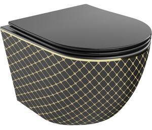 Mexen Lena vas wc Rimless cu capac cu închidere lentă slim, duroplast, negru mat/pattern auriu tip grilă - 30224079