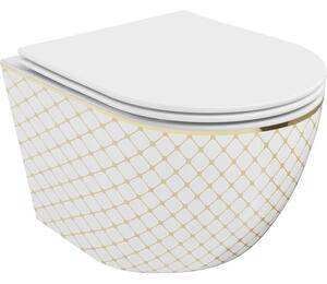 Mexen Lena toaletă WC Rimless cu scaun cu coborâre lentă slim, duroplast, albă/aurie model grilaj - 30224009