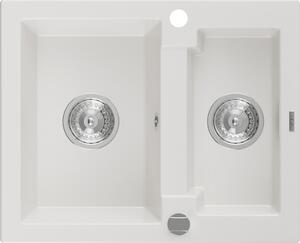 Mexen Carlos chiuvetă de granit cu 1,5 cuve 582 x 475 mm, albă, sifon cromat - 6518581500-20