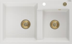 Mexen Tomas chiuvetă de bucătărie din granit cu 2 compartimente 800 x 500 mm, albă, sifon auriu - 6516802000-20-G
