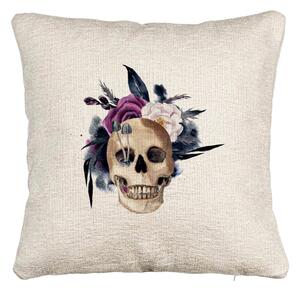 Perna Decorativa Canapea cu motiv Craniu si Flori de Halloween, 40x40 cm, Cu fermoar