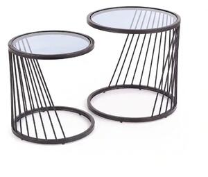 Set 2 masute cafea ANTILLA, transparent/negru, sticla/otel