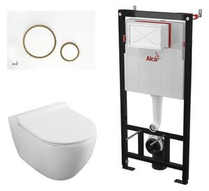 Set complet vas WC suspendat Fluminia Minerva Alb cu rezervor Alca si clapeta alb si auriu