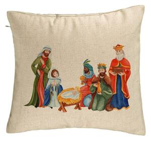 Perna Decorativa cu tematica de Craciun, Isus - Darul lui Dumnezeu, 40x40 cm, Bej, Husa Detasabila, Burduf