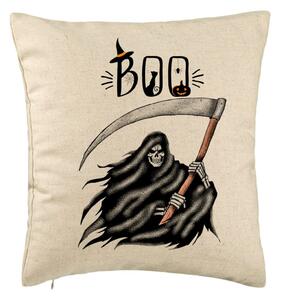 Perna Decorativa cu motiv The Grim Reaper, de Halloween, 40x40 cm, Bej, Husa Detasabila, Burduf