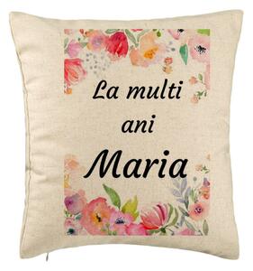 Perna Decorativa, Model La multi ani Maria 2, 40x40 cm, Bej, Husa Detasabila, Burduf