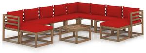 Set mobilier de grădină cu perne roșii, 11 piese