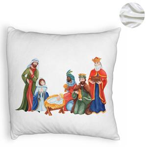 Perna Decorativa Fluffy cu tematica de Craciun, Isus - Darul lui Dumnezeu, 40x40 cm, Alba, Husa Detasabila, Burduf