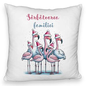 Perna Decorativa Fluffy cu tematica de Craciun, Flamingo si Text 2, 40x40 cm, Alba, Husa Detasabila, Burduf