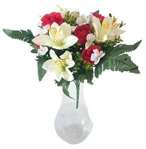 Buchet Trandafiri & Crini x13 roșu & crem 32cm flori artificiale