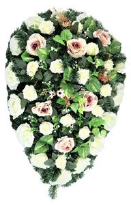 Coroană funerară cu trandafiri artificiali 100cm x 70cm roz, crem, verde