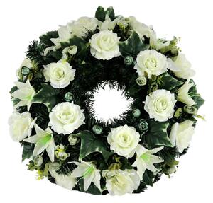 Coroană funerară cu trandafiri artificiali și crini Ø 60cm crem, verde