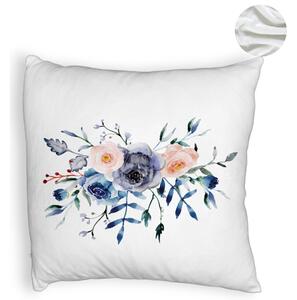 Perna Decorativa Fluffy, Model Florale Albastre, 40x40 cm, Alba, Husa Detasabila, Burduf