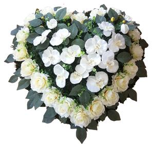 Coroana funerara „Inimă” din trandafiri si orhidee 60cm x 60cm crem, alb flori artificiale