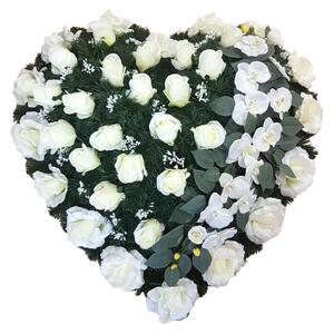 Coroana „Inimă” din trandafiri si orhidee 80cm x 80cm alb & bej flori artificiale