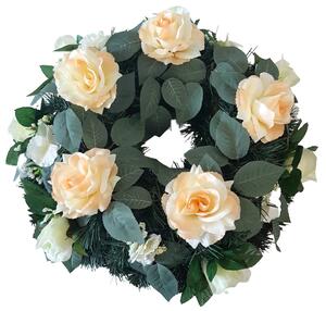 Coroana cu trandafiri artificiali, hortensii și accesorii Ø 50cm crem, roz, verde