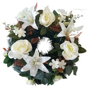 Coroana cu trandafiri si crini artificiali și accesorii Ø 50cm crem, maro, verde