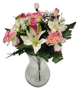 Buchet de trandafiri, garoafe, crini si orhidee x13 33cm burgundia, verde, crem flori artificiale