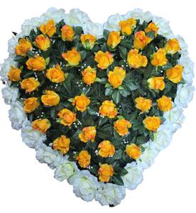 Coroana funerara „Inimă” din trandafiri 80cm x 80cm crem, portocaliu flori artificiale