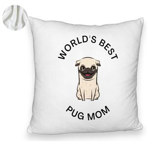 Perna Decorativa Fluffy, Model World's Best Pug Mom, 40x40 cm, Alba, Husa Detasabila, Burduf
