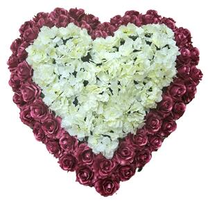Coroana funerara „Inimă” din trandafiri si hortensii 80cm x 80cm burgundia, crem flori artificiale
