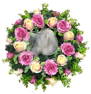 Coroana funerara „inel” din trandafiri artificiali și accesorii Ø 55cm