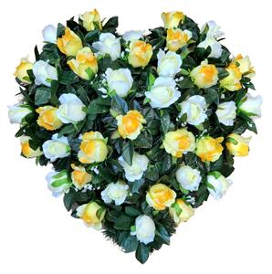 Coroană funerara „Inimă” din trandafiri 60cm x 60cm galben, crem flori artificiale