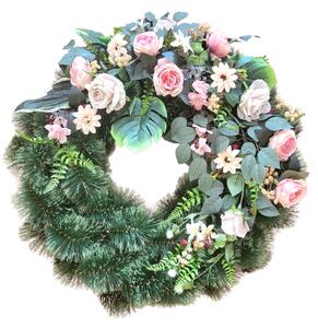 Coroană funerara de pin Exclusiv trandafiri artificiali, bujori, hortensii, gerbere și accesorii 80cm x 90cm