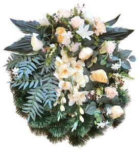 Coroană funerara de pin Exclusiv trandafiri artificiali, bujori, gladiole și accesorii 70cm x 80cm